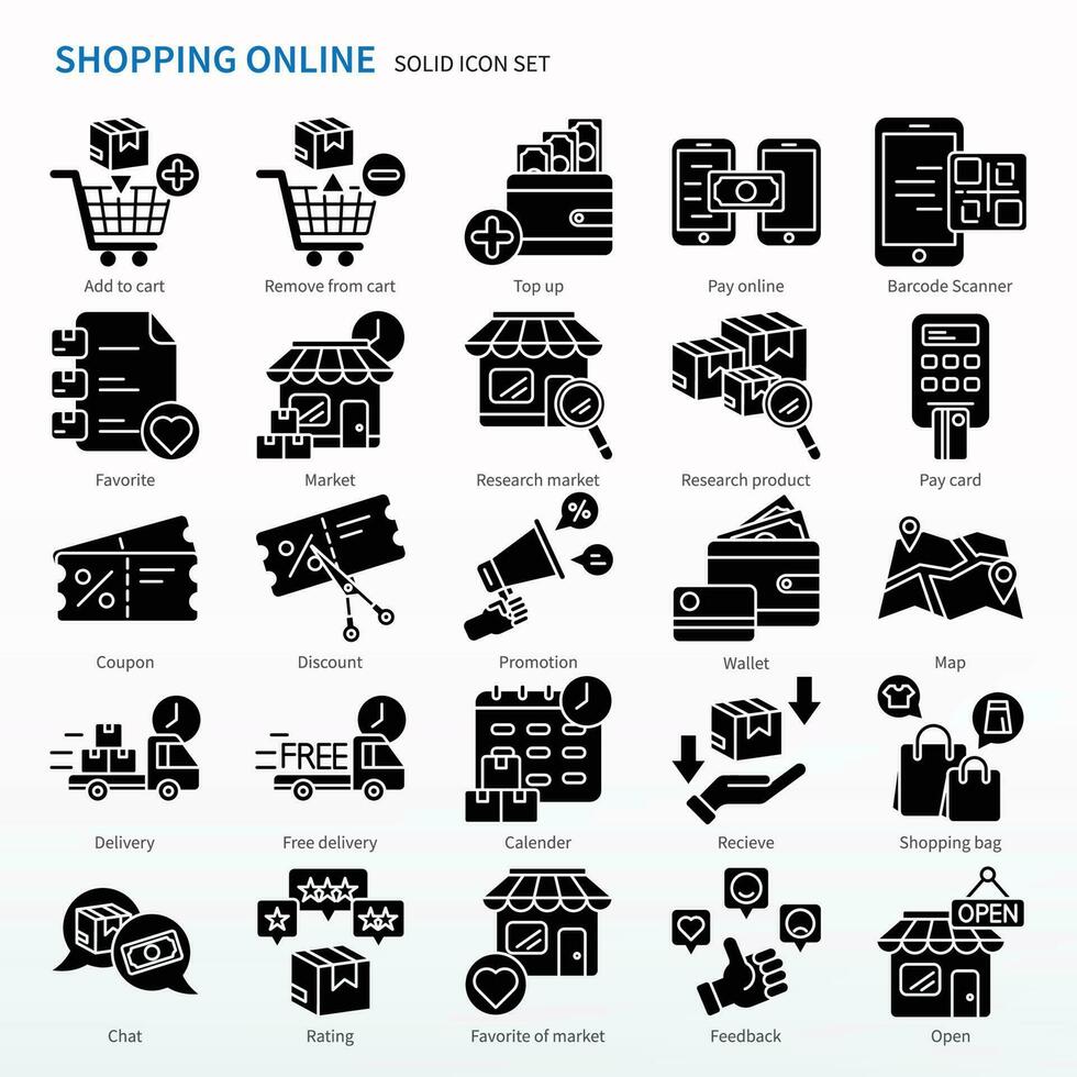 compras en línea icono conjunto - sólido estilo iconos mismo como añadir a carro, parte superior arriba, pagar en línea, investigación mercado, charlar, billetera, mapa vector