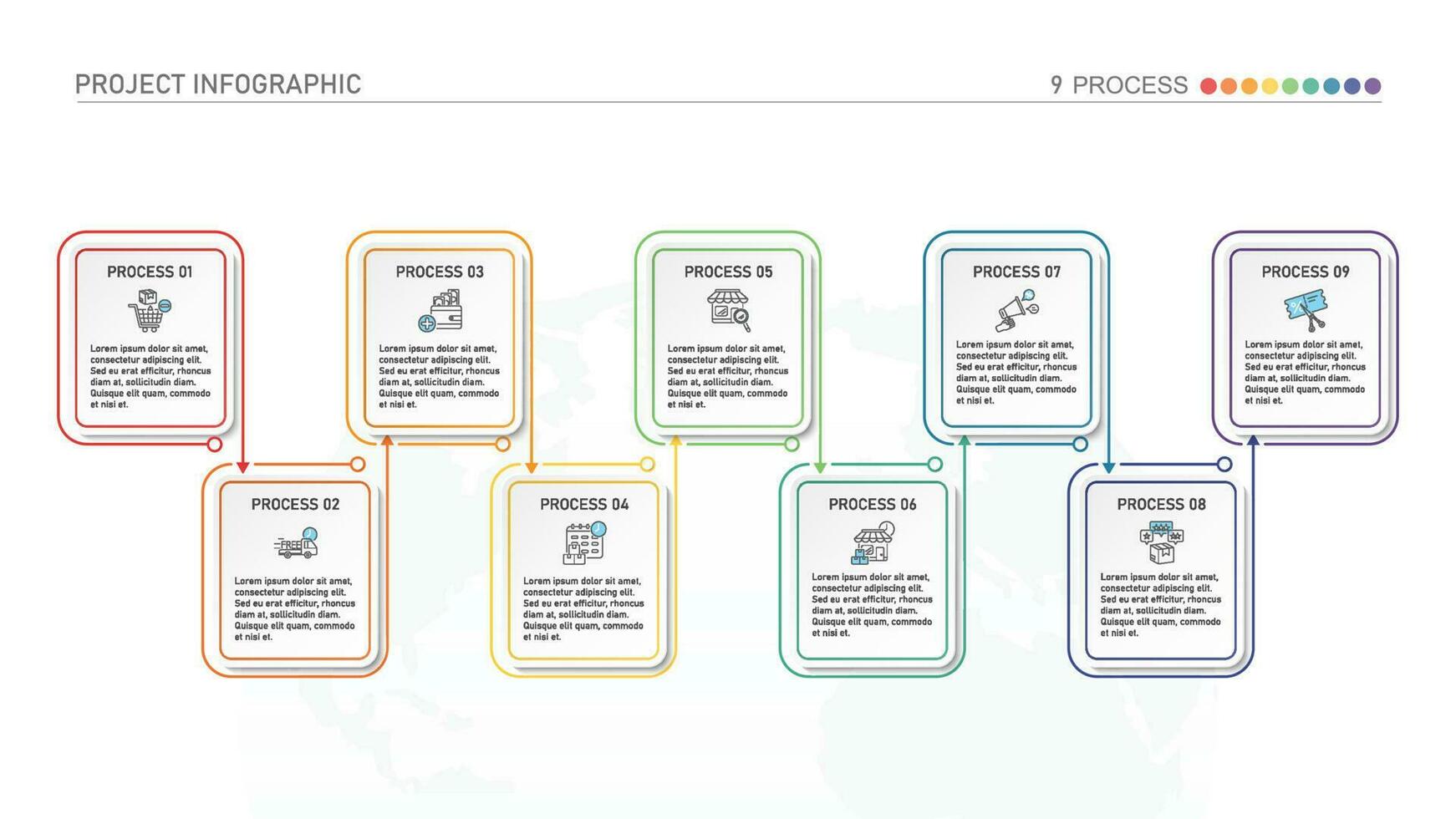 Horizontal timeline or flowchart with nine square elements and space for data. Concept of 9 successive steps of company process. vector