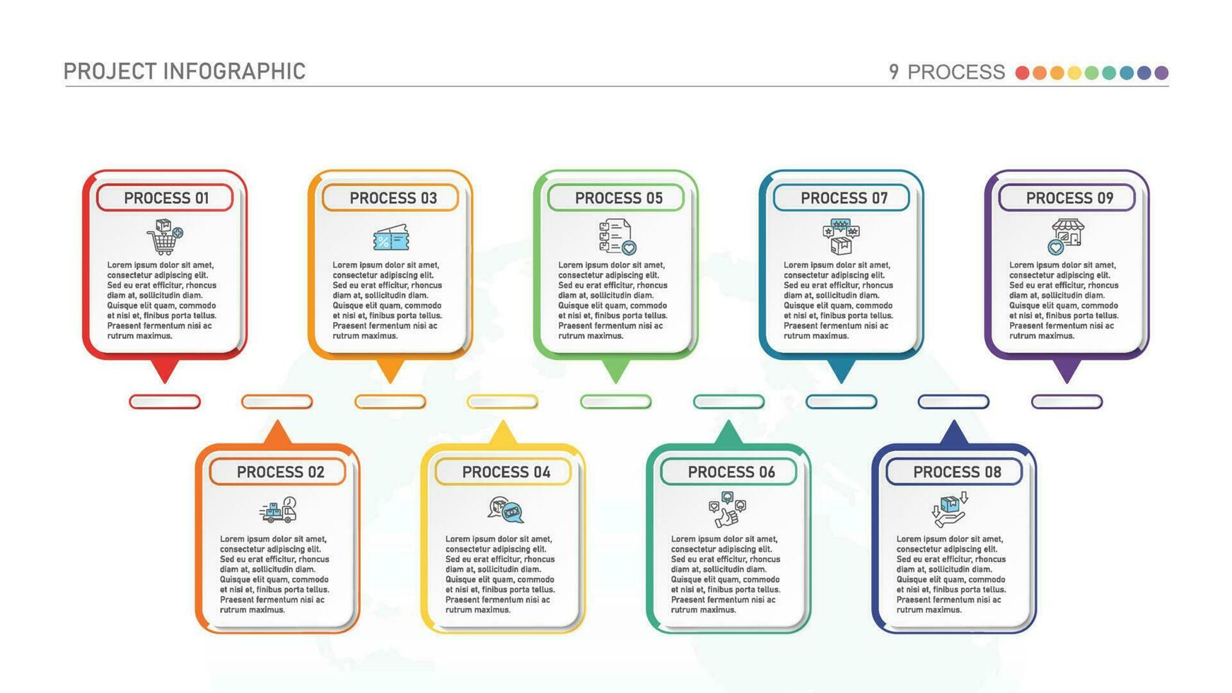 Horizontal timeline or flowchart with nine square elements and space for data. Concept of 9 successive steps of company process. vector