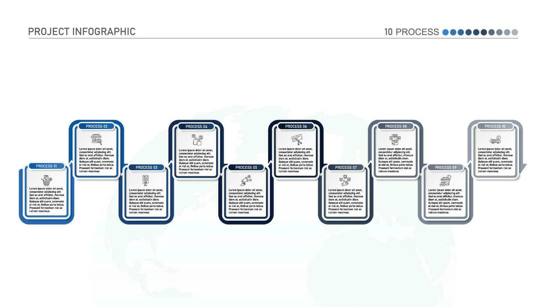 Horizontal timeline or flowchart with ten square elements and space for data. Concept of 09 successive steps of company process. vector