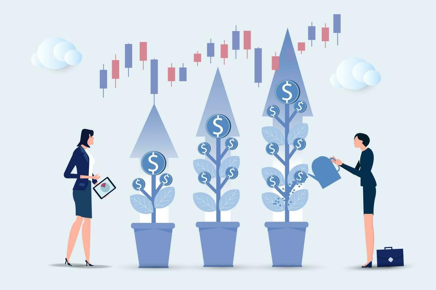 Woman watering coin houseplant, tree grows. Successful investor monitoring income. Investment and finance growth business concept. Vector illustration.