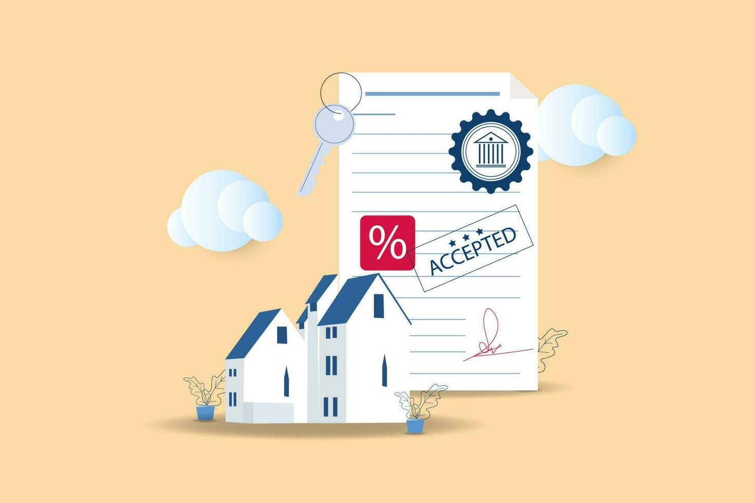 Mortgage contract concept. Signed Mortgage Rate Document agreement with bank stamp and house keys.vector illustration. vector