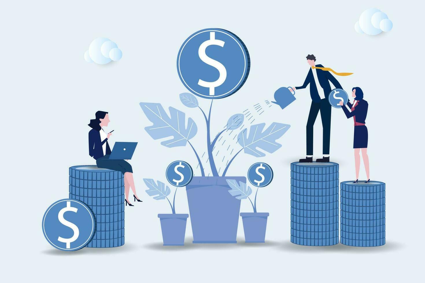 businessman and businesswoman investors working for profit, dividend or revenue flat vector illustration. Cartoon employees investing capital. Investment, money and finance concept