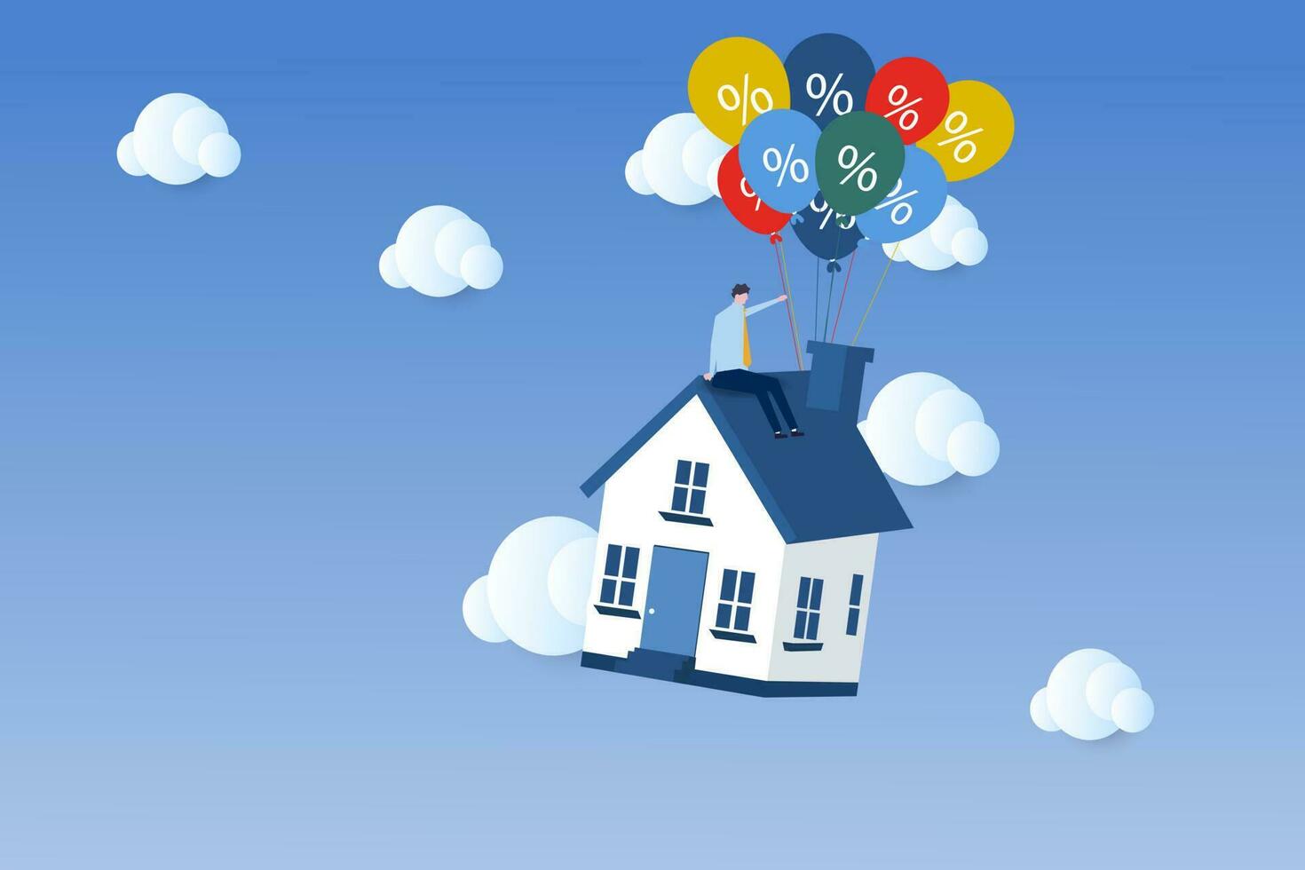 House with balloons bunch flying in the sky. Real estate purchasing, moving house and house warming concept. vector illustration.