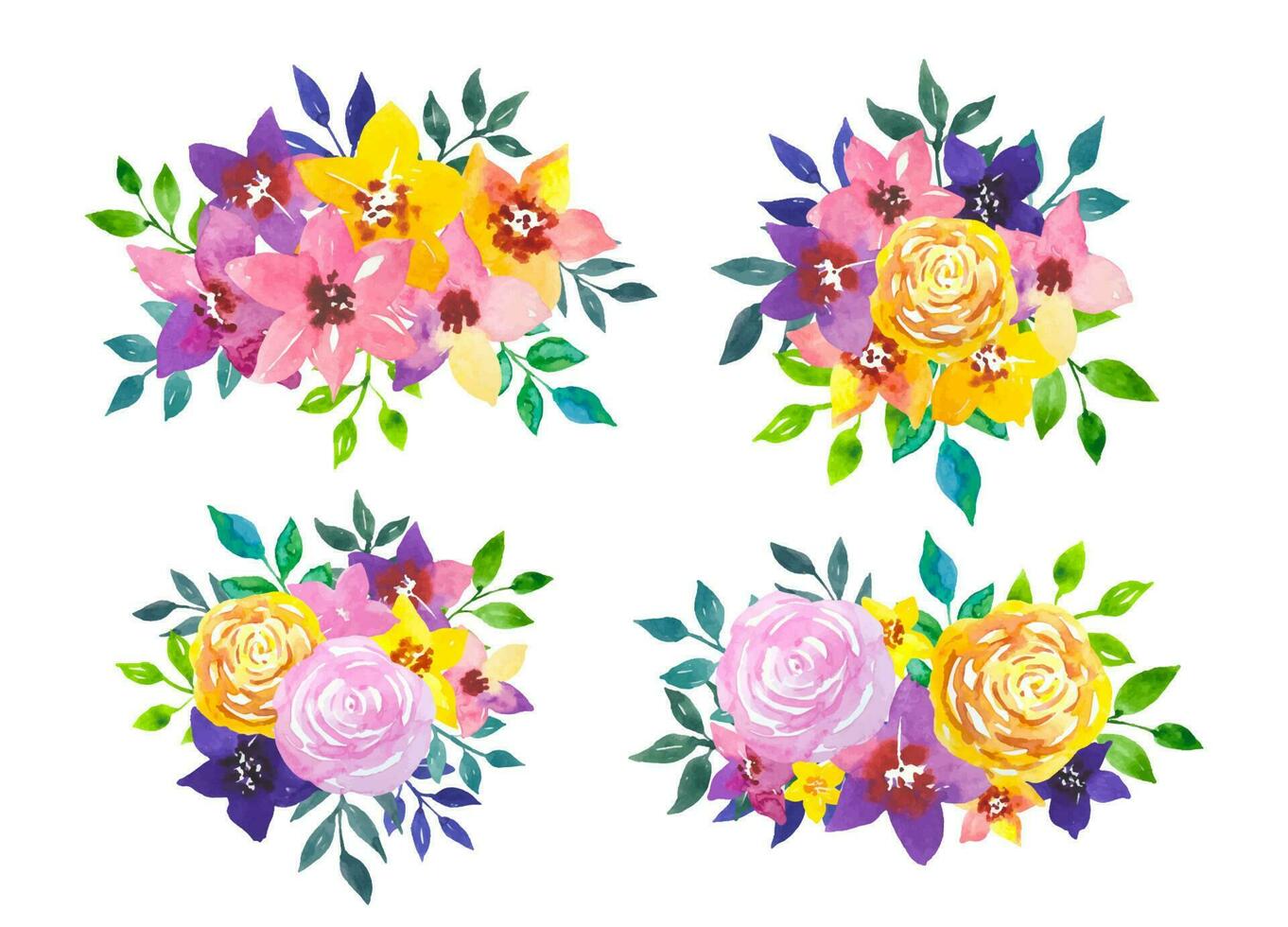 Watercolor bright flowers, green leaves. Bright bouquets. vector