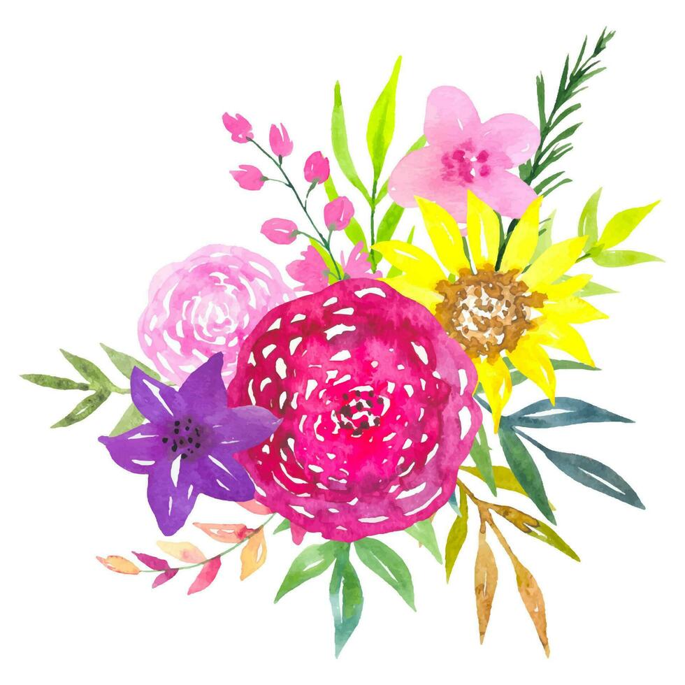 Floral watercolor composition of bright flowers. Summer bright bouquet vector