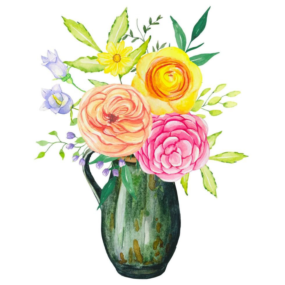 Bright flower bouquet in a clay vase, watercolor vector