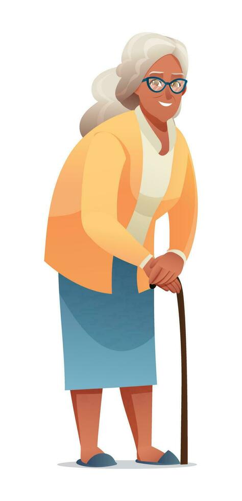 Old woman with a cane. Grandmother character illustration vector