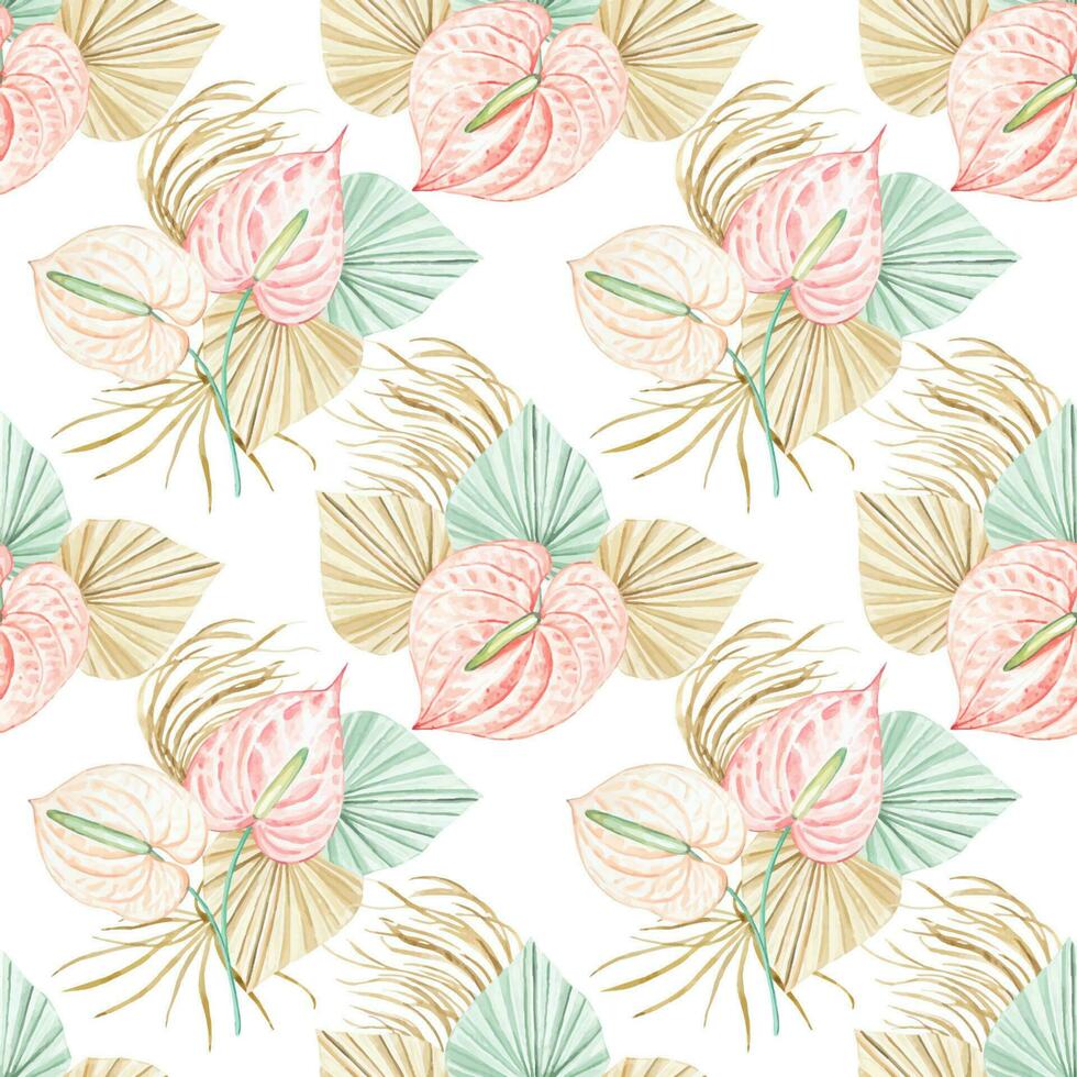 Seamless pattern in boho style, anthurium and palm leaves in watercolor vector