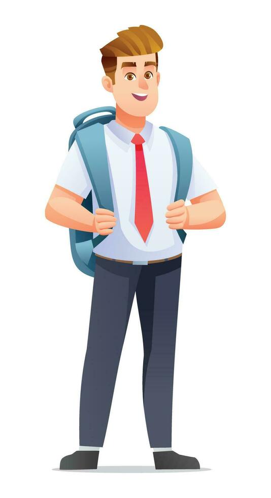 School boy wearing uniform and backpack. Cartoon character vector illustration