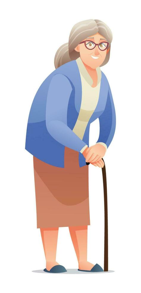 Elderly woman with a cane. Grandmother character illustration vector