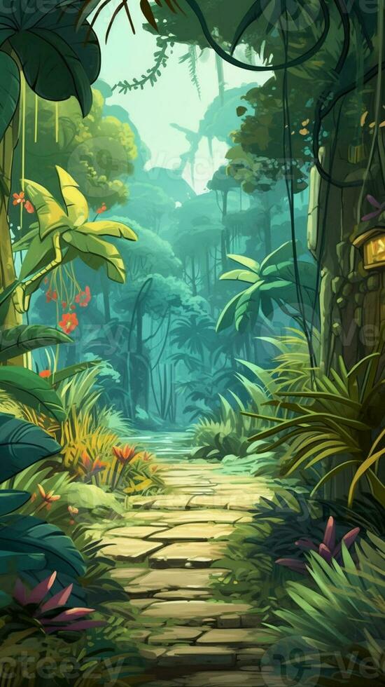 Art, beautifully detailed jungle scenery in the game's cartoon-style illustration, with hints of fantasy and magic, captures the tropical essence and mystery of the world within the game. Generate AI. photo