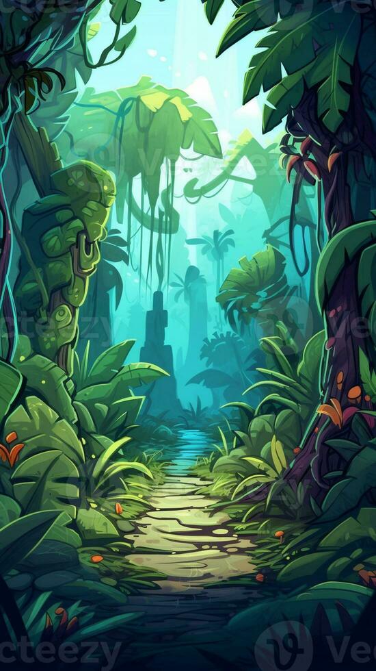 Art, beautifully detailed jungle scenery in the game's cartoon-style illustration, with hints of fantasy and magic, captures the tropical essence and mystery of the world within the game. Generate AI. photo