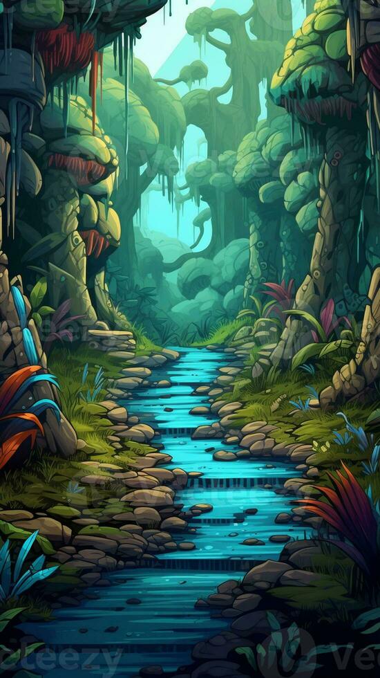 Art, beautifully detailed jungle scenery in the game's cartoon-style illustration, with hints of fantasy and magic, captures the tropical essence and mystery of the world within the game. Generate AI. photo