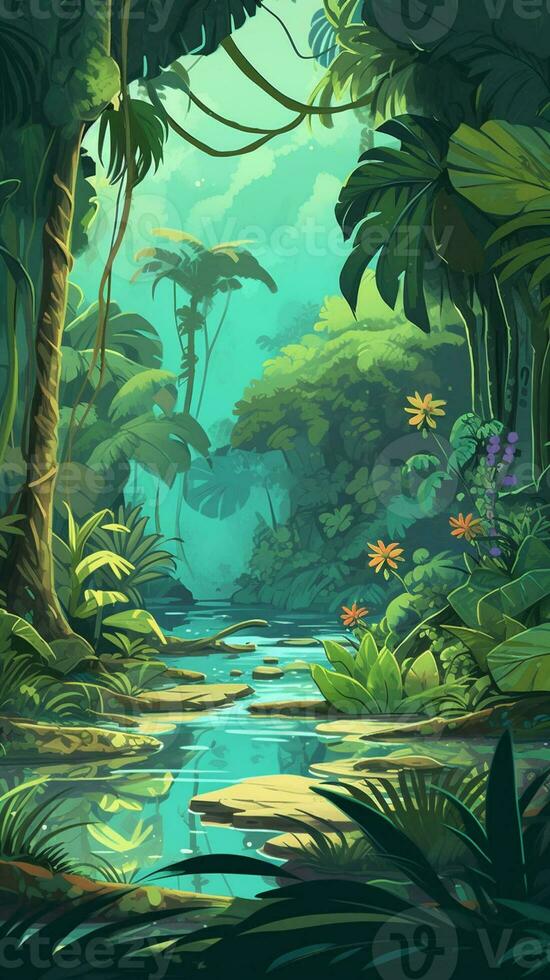 Art, beautifully detailed jungle scenery in the game's cartoon-style illustration, with hints of fantasy and magic, captures the tropical essence and mystery of the world within the game. Generate AI. photo