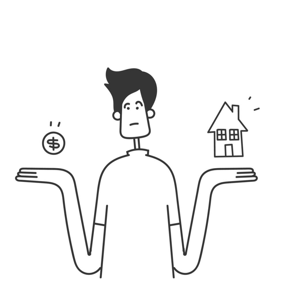 hand drawn doodle money coin compare house on weighing scale illustration vector