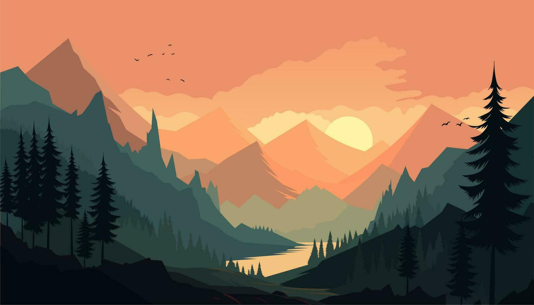 plano minimalista diseño. panorama de un montaña paisaje. fácil a cambio colores. vector