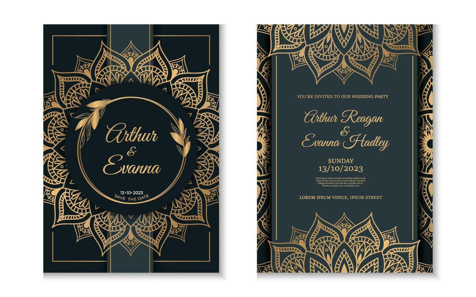 Luxury wedding invitation card with golden mandala ornament vector