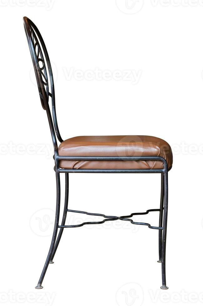 Side View of Black Metal Chair with Leather Seat Isolated on White Background with Clipping Path photo