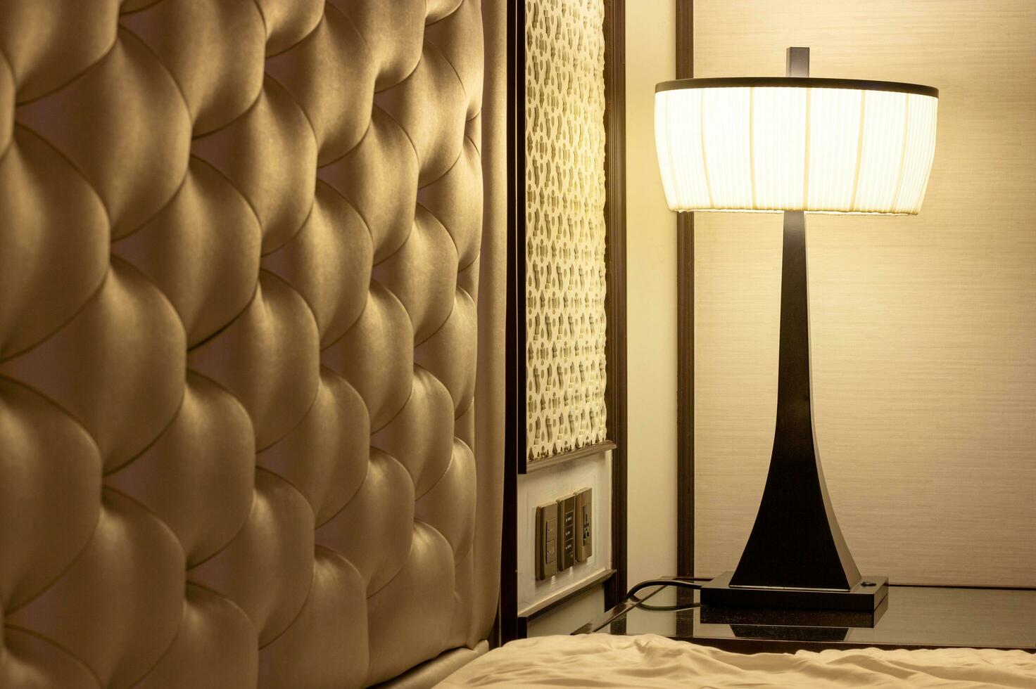 Luxury Modern Bedroom Interior with Pillow and Table Lamp photo