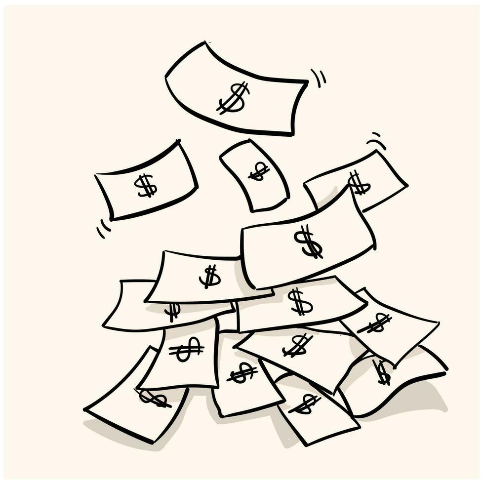 Dollar Bill Money Falling Down One by One to the Ground, a hand drawn vector cartoon doodle illustration of money rain.