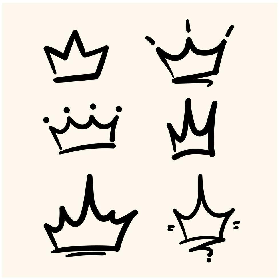Set, doodle collection, hand drawn gold crowns. Vector crown icon.