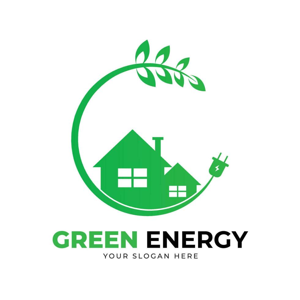 Green energy logo with a green house and a tree vector