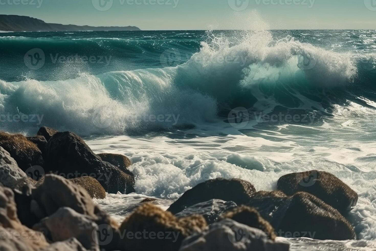 Sunny day, Beauty of marine nature, strength and power of the water element in form of a large turquoise sea wave crashing on shore. photo
