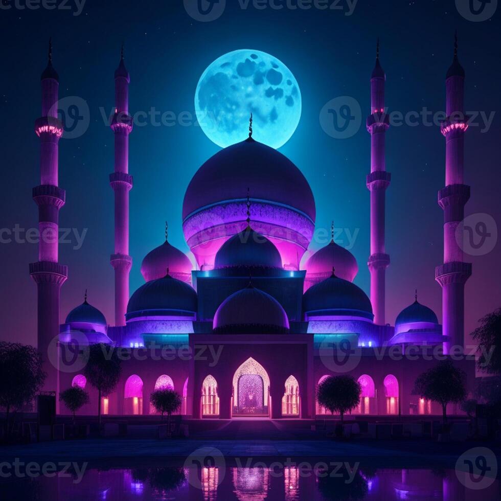 Photo a large blue mosque with the moon in the background