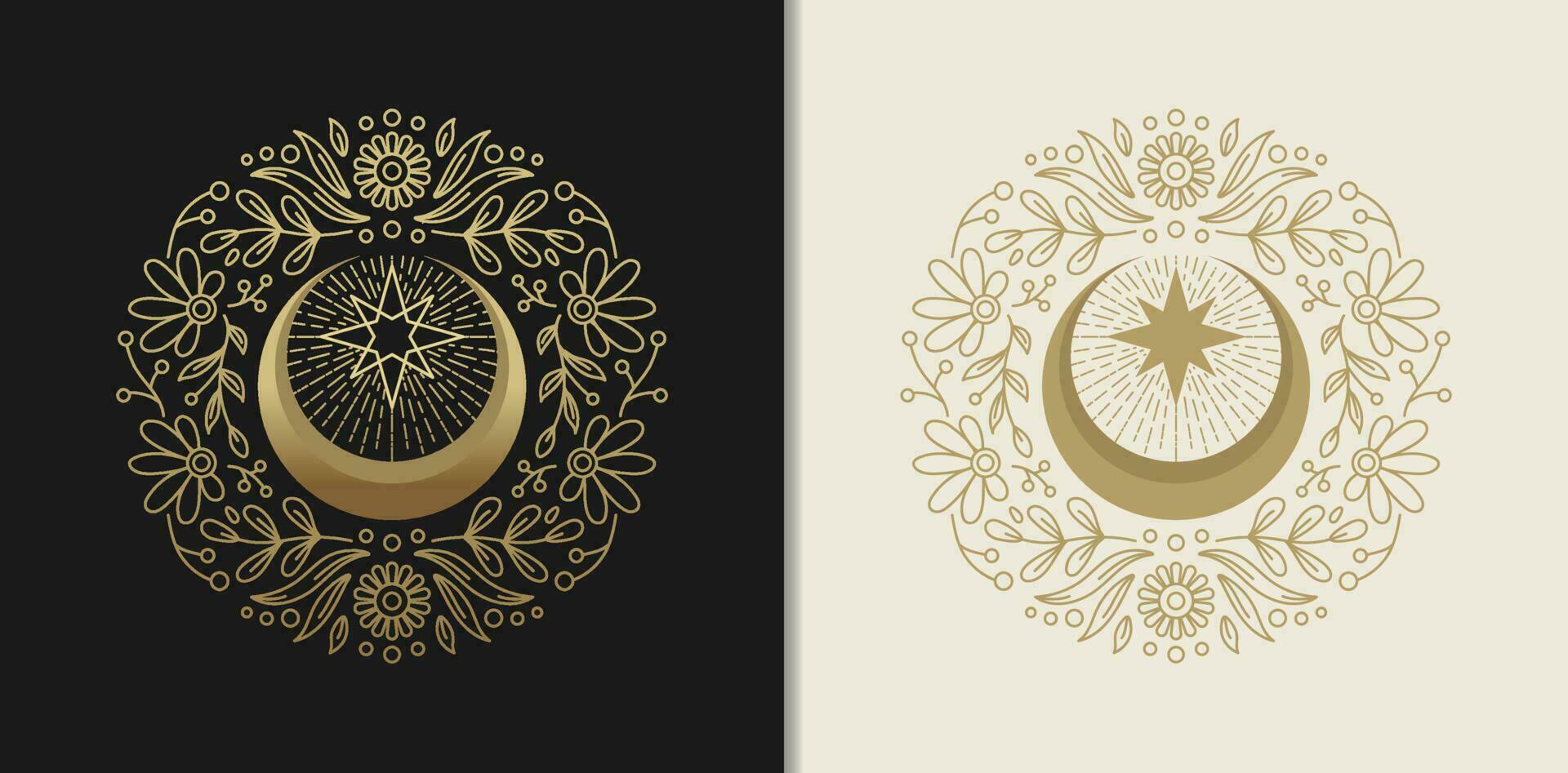 Crescent Moon and Stellar Sparkles with Ornate Floral Engravings vector