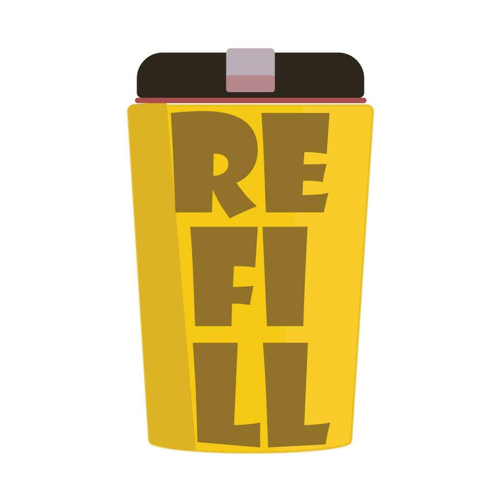 Minimalistic vector illustration of a yellow coffee tumbler with lettering Refill