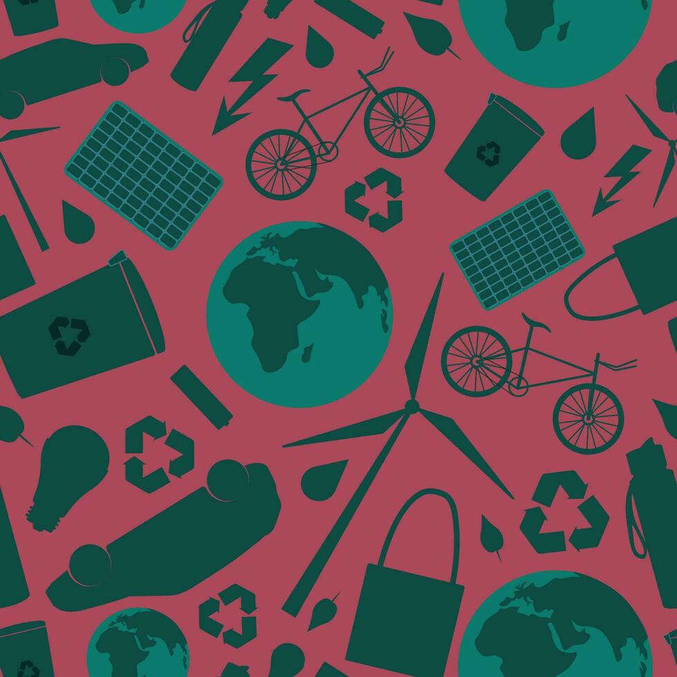 Vector seamless pattern with various ecology related objects. Green on pink. Wallpaper, background, paper or textile print