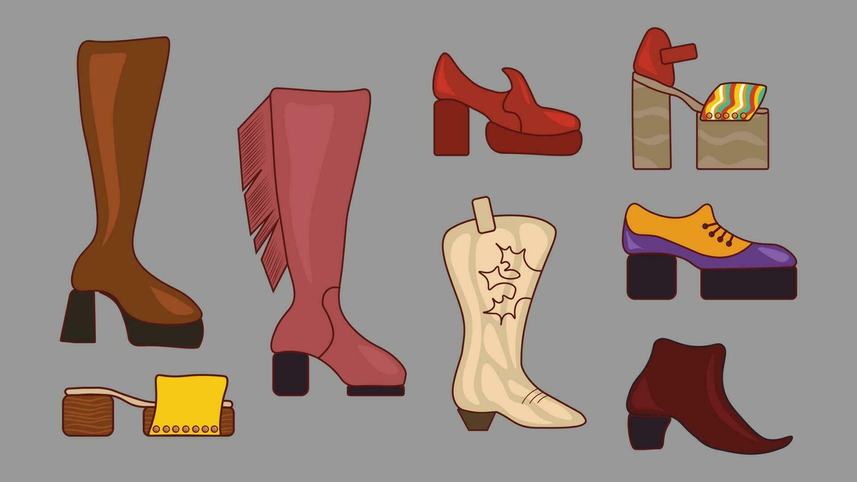 Vector illustration in groovy retro style. Various vintage 1970s style boots and sandals