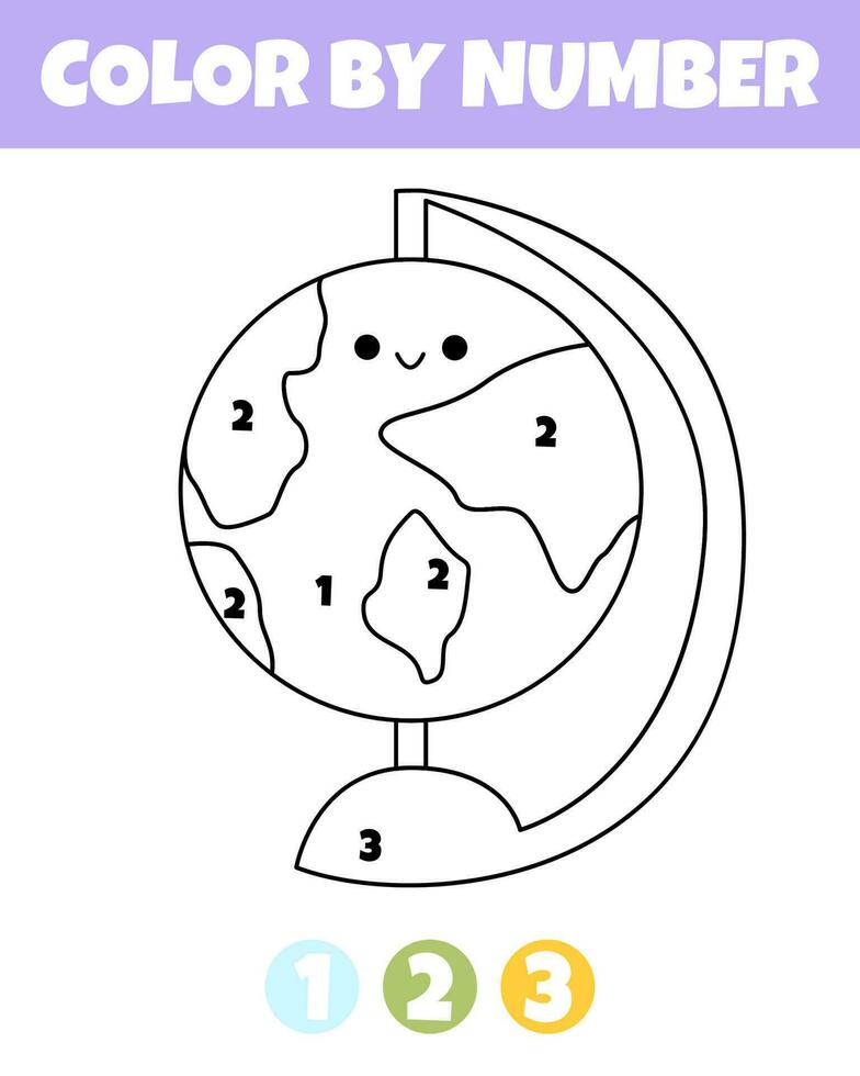 Color by number game for kids. Cute globe with happy smile. Back to school coloring book. Printable worksheet with solution for school and preschool. Learning numbers activity. vector