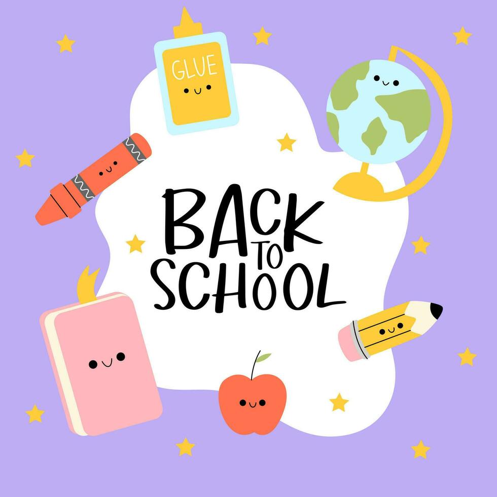 Back to school with school items. Education. Background and poster or back to school promotion. Elements cover cartoon trendy. Card prints web banner social media. Vector kawaii illustration.