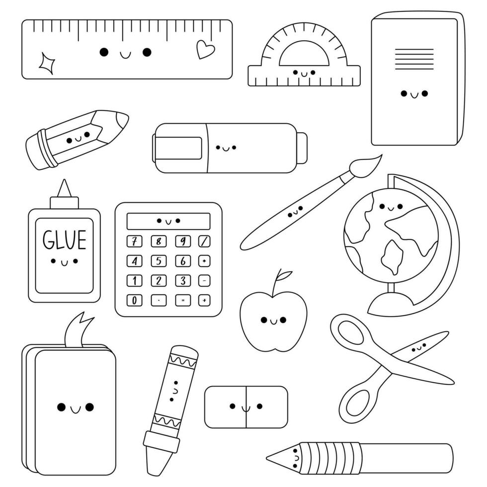 School supplies. Back to school. Big set of hand draw line school items.  Books, pencils, pens, notebooks, erasers, paper, glue, globe, ruler with  happy face. Study. Vector cartoon kawaii illustration. 24201952 Vector