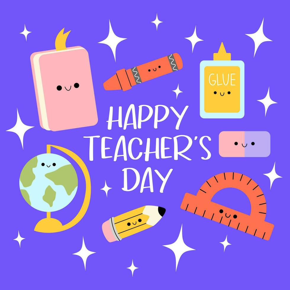 Happy teacher's day with school items. Education. Background and poster or back to school promotion. Elements cover cartoon trendy. Card prints web banner social media. Vector kawaii illustration.