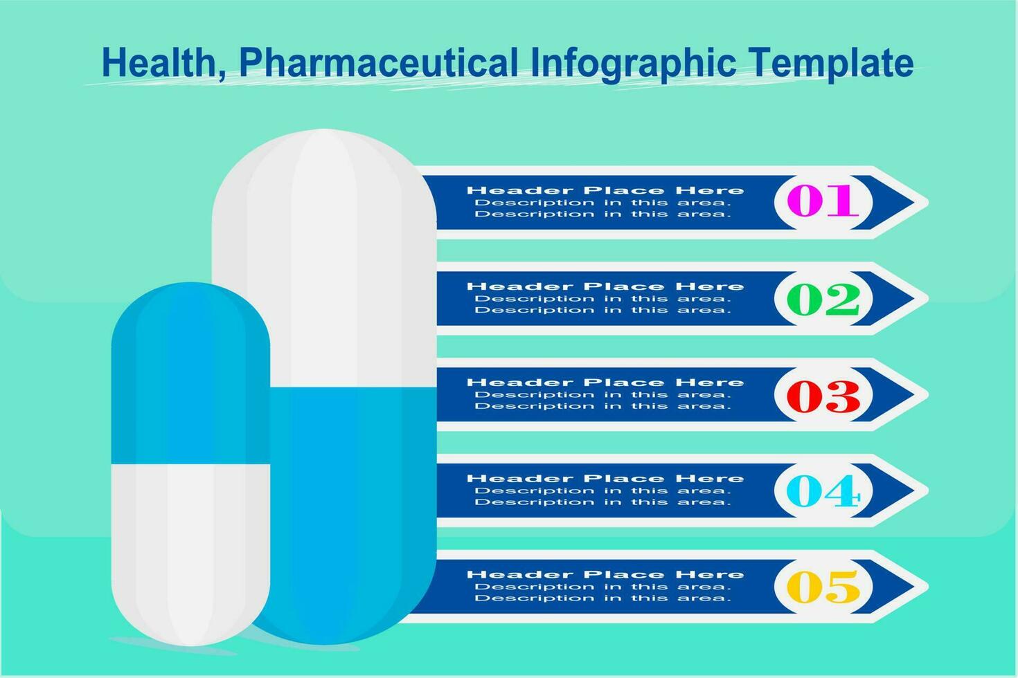 claro, limpio, hermosa salud negocio infografía. cápsula, píldora, tableta, medicina icono. azul tono con vistoso número. vector