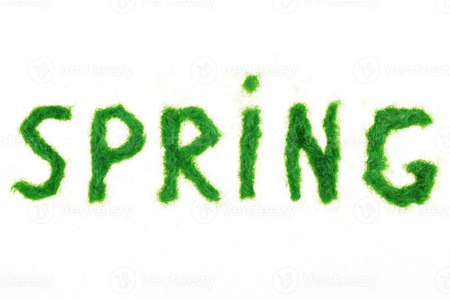 The inscription Spring from decorative green grass on a white background. photo
