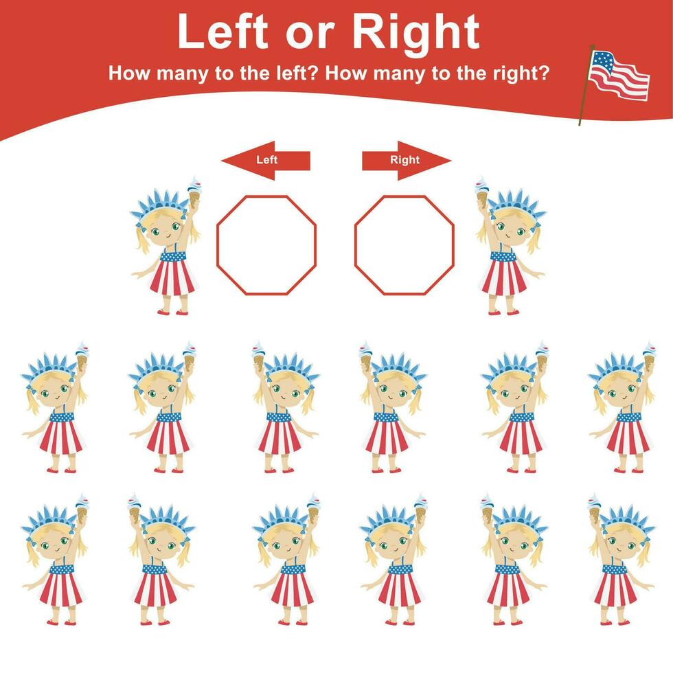 Mathematic activity page. Calculate and write the result. Left or Right worksheet for Children. Educational printable math. Vector file.