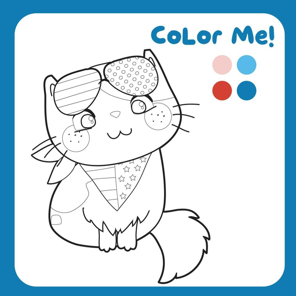 Coloring activity for children. 4th of July coloring page for kindergarten and preschool children. Coloring kitten. Educational printable coloring worksheet. Vector file.