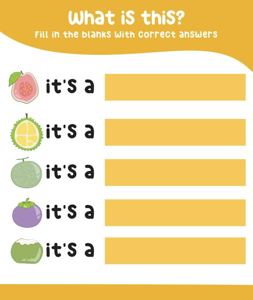 Fill in the blanks with correct answers. Kids educational game. Printable worksheet for preschool. Writing practice for children. Vector file.