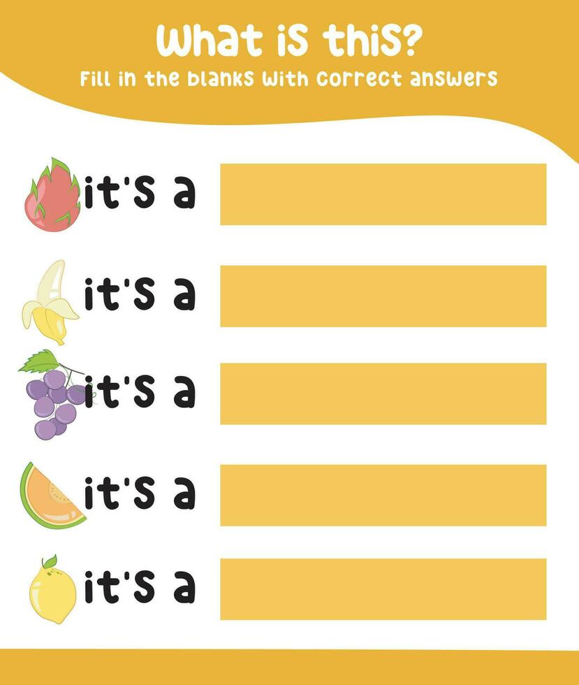 Fill in the blanks with correct answers. Kids educational game. Printable worksheet for preschool. Writing practice for children. Vector file.