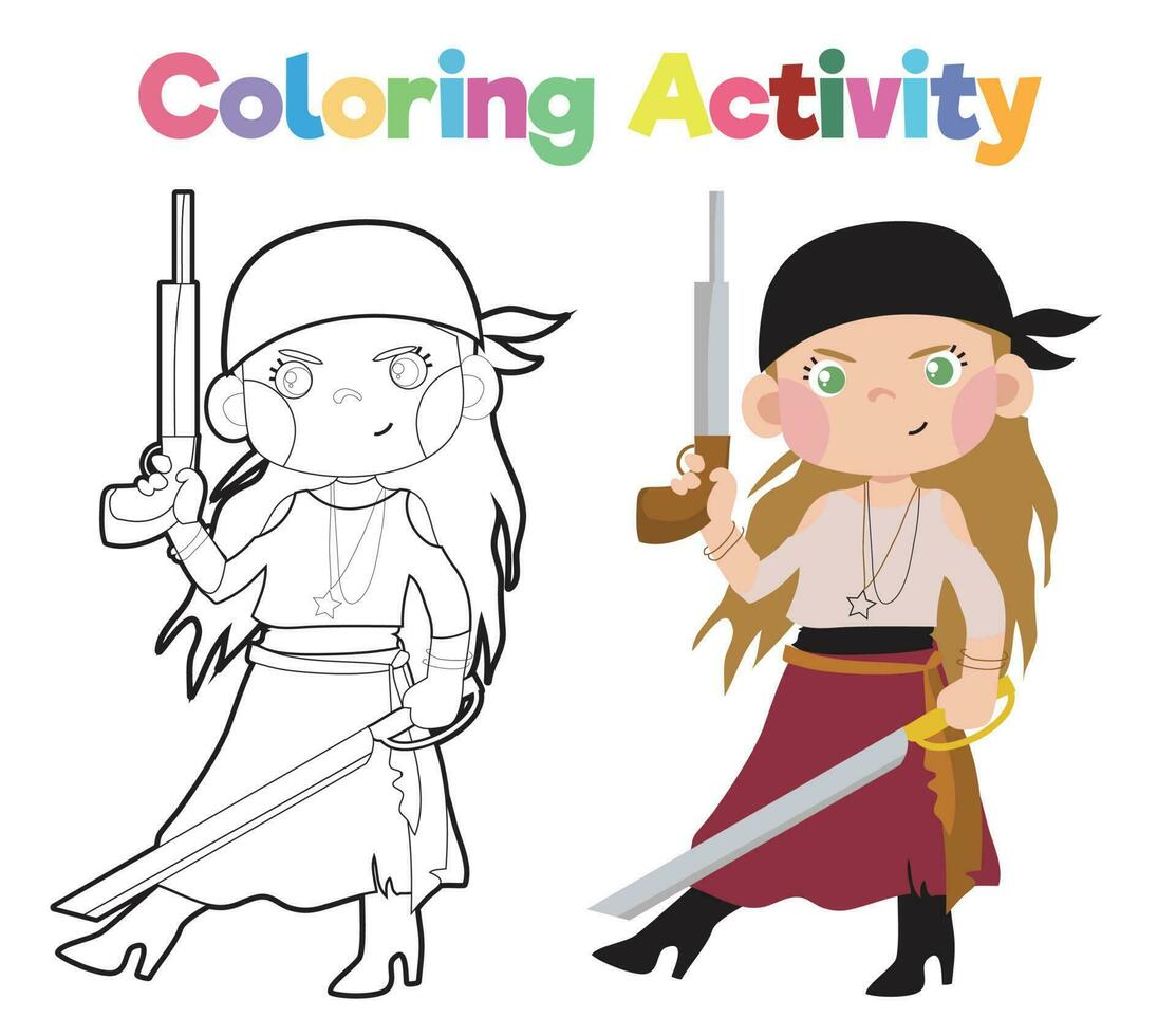 Educational printable coloring worksheet. Coloring pirate illustration. Coloring activity for children. Vector outline for coloring page.