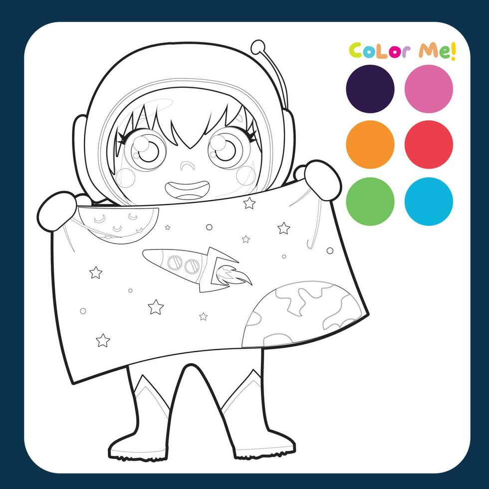 Educational printable colouring worksheet a cute astronaut little girl holding a space banner. Coloring activity for children. Coloring page. Vector file.