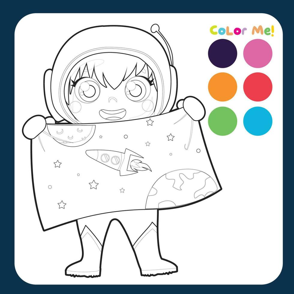 Educational printable colouring worksheet a cute astronaut little girl holding a space banner. Coloring activity for children. Coloring page. Vector file.