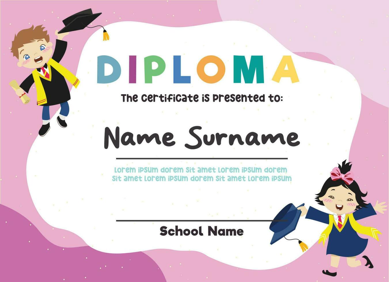 Cute diploma certificate template for preschool, kindergarten or primary school student. Vector file.