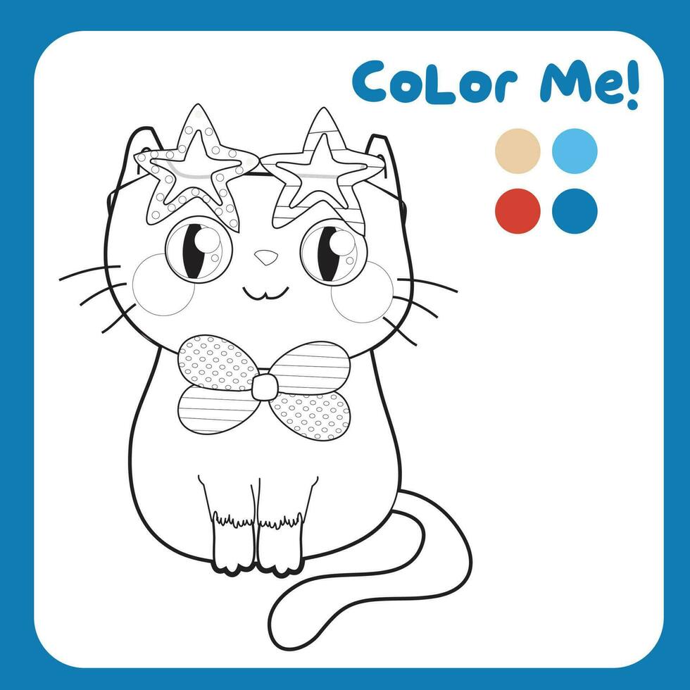 Coloring activity for children. 4th of July coloring page for kindergarten and preschool children. Coloring kitten. Educational printable coloring worksheet. Vector file.