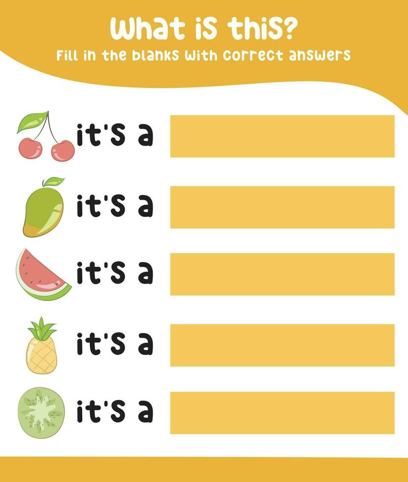 Fill in the blanks with correct answers. Kids educational game. Printable worksheet for preschool. Writing practice for children. Vector file.