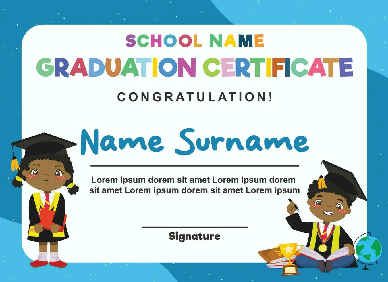 Cute diploma certificate template for preschool, kindergarten or primary school student. Vector file.